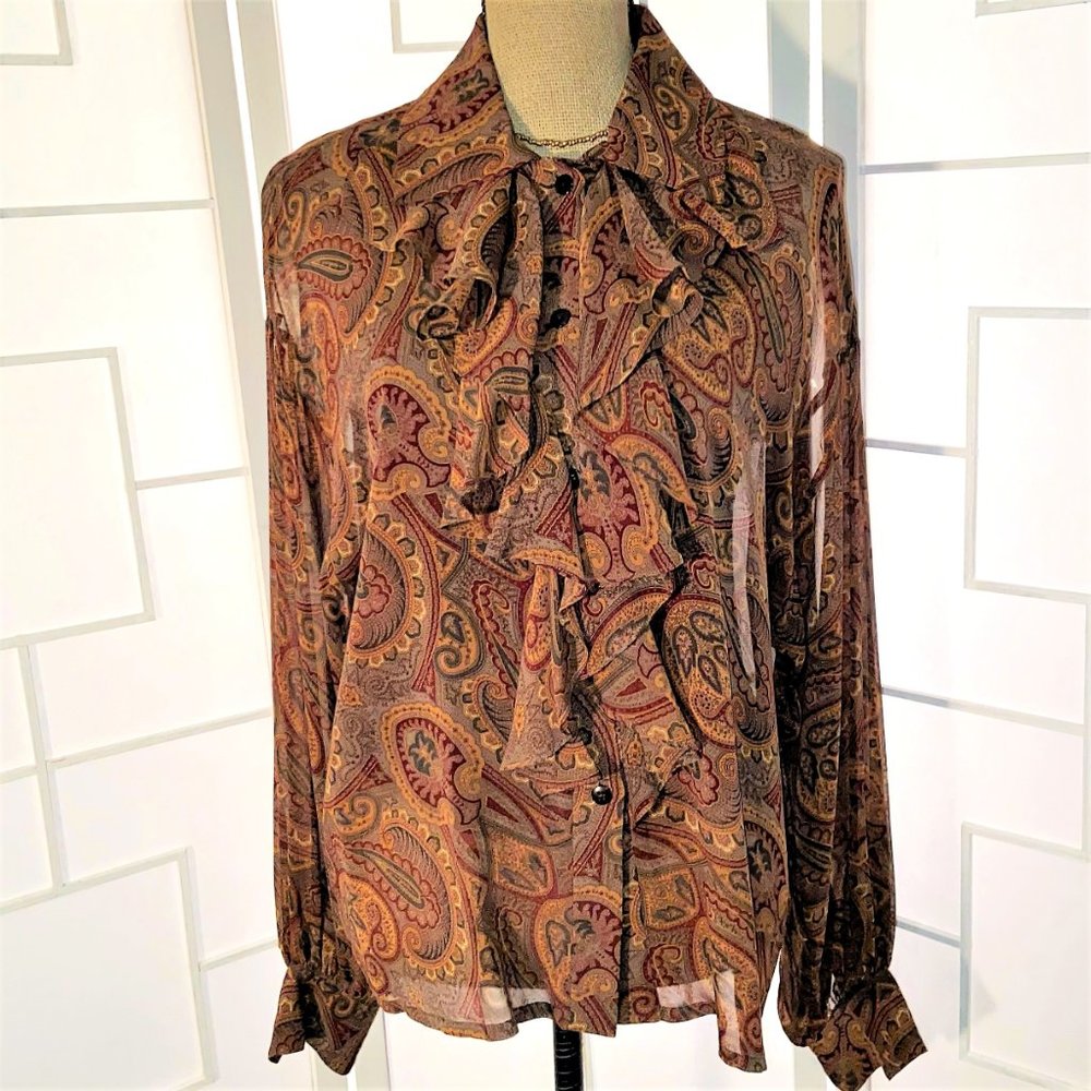 Ellen Tracy Sheer Silk Paisley Button Front Ruffle - Picture 4 of 10